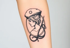 nurse hat and a needle and stethoscope  in an elaborate vintage cameo tattoo idea