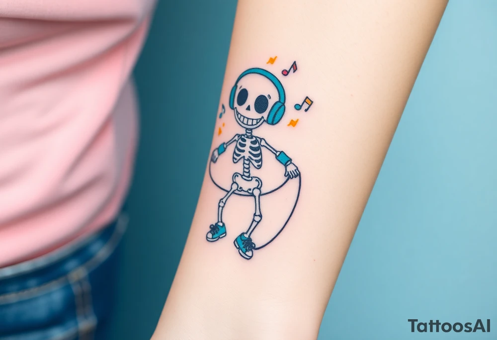 Funny smiley skeleton jumping on a jump rope with blue headphones and blue armbands and blue sneakers with colorful music notes around his head tattoo idea