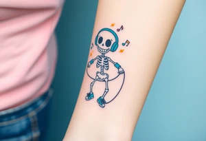 Funny smiley skeleton jumping on a jump rope with blue headphones and blue armbands and blue sneakers with colorful music notes around his head tattoo idea