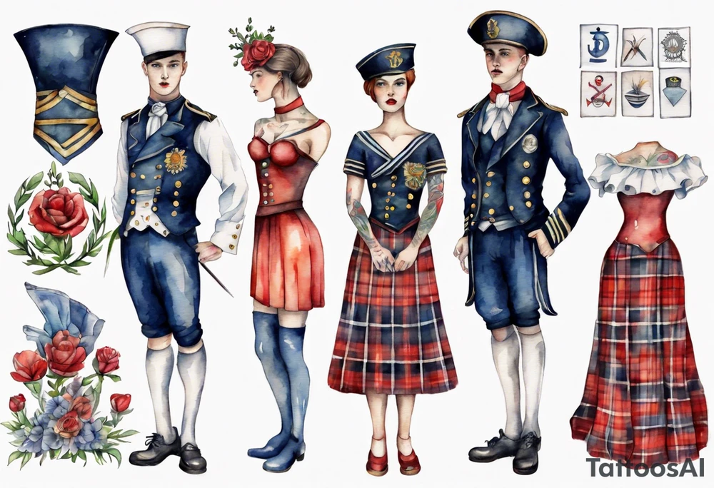 Watercolour sailors's mannequin with scottish dress tattoo idea