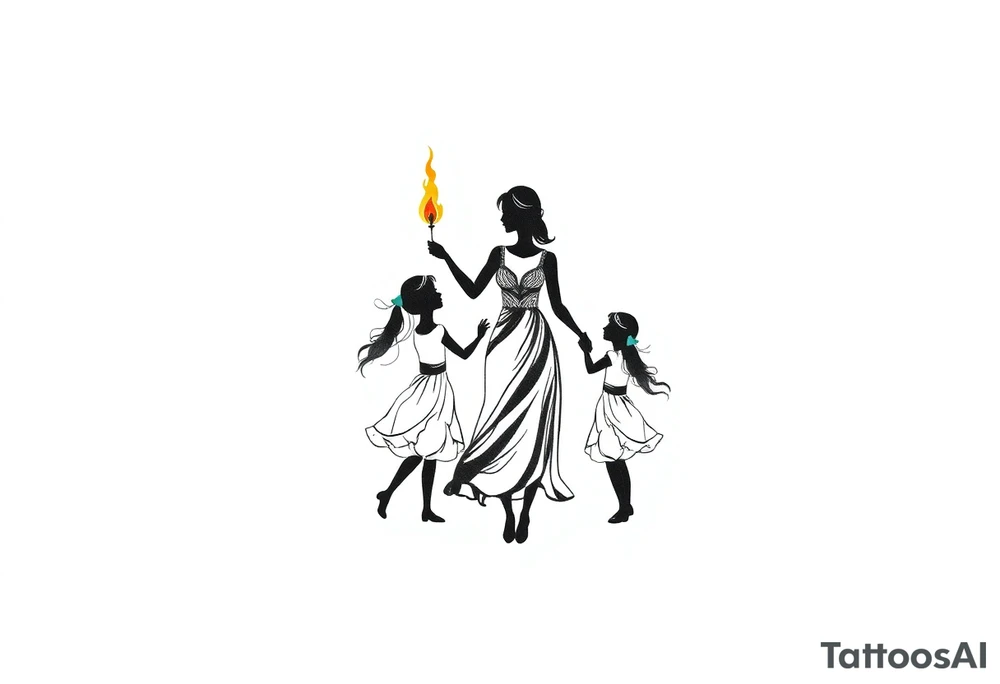 Silhouette of a mother passing a flame to two daughters tattoo idea