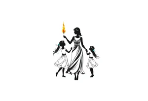 Silhouette of a mother passing a flame to two daughters tattoo idea