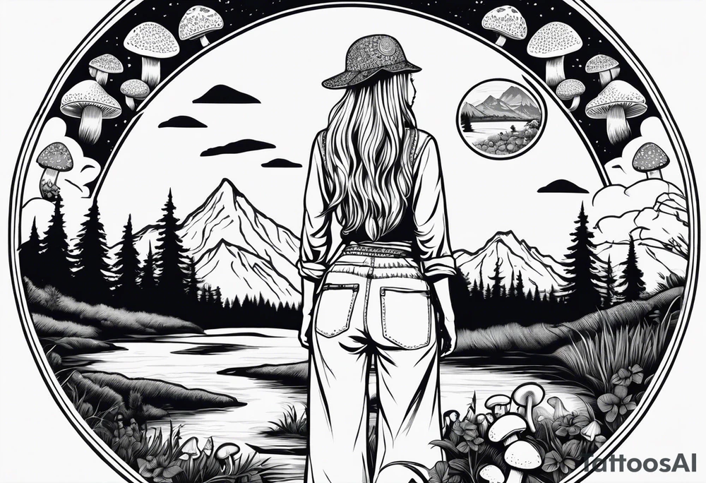 Whole picture encircled fully

Straight long blonde hair hippie girl in distance holding mushrooms in hand facing away toward mountains and creek surrounded by mushrooms long sleeve shirt and hiking pants; whole rendering within a full circle, no cut off circle tattoo idea
