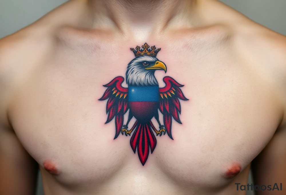 A majestic red and white Moravian eagle with golden crown on its head with a blue shield tattoo idea