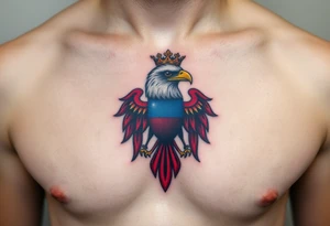 A majestic red and white Moravian eagle with golden crown on its head with a blue shield tattoo idea
