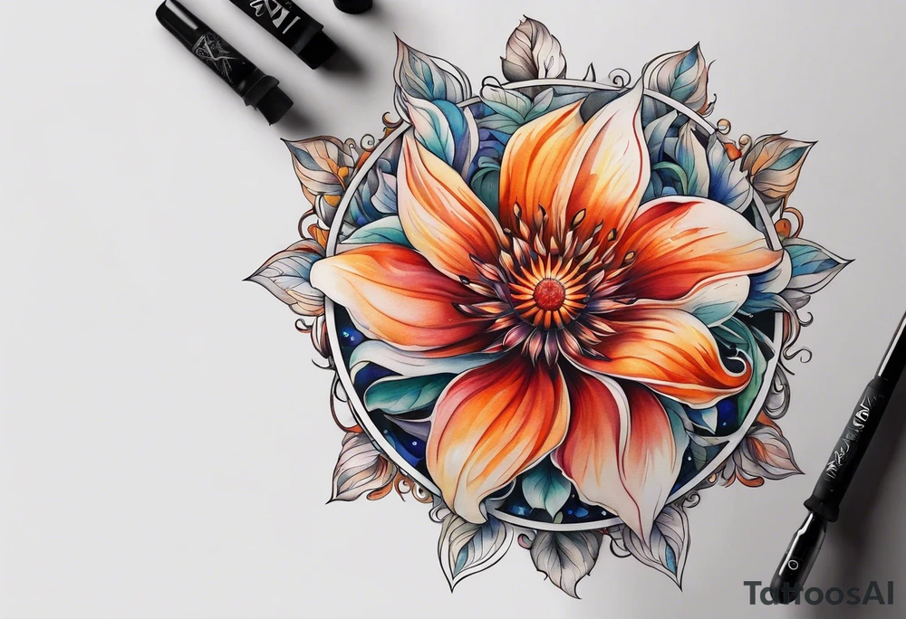 A fire wheel flower with the name Valor in the stem tattoo idea