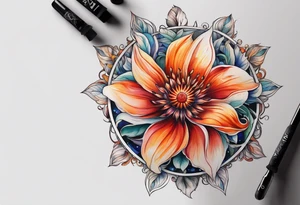 A fire wheel flower with the name Valor in the stem tattoo idea