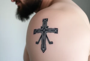 Realistic cross made out of hockey sticks tattoo idea