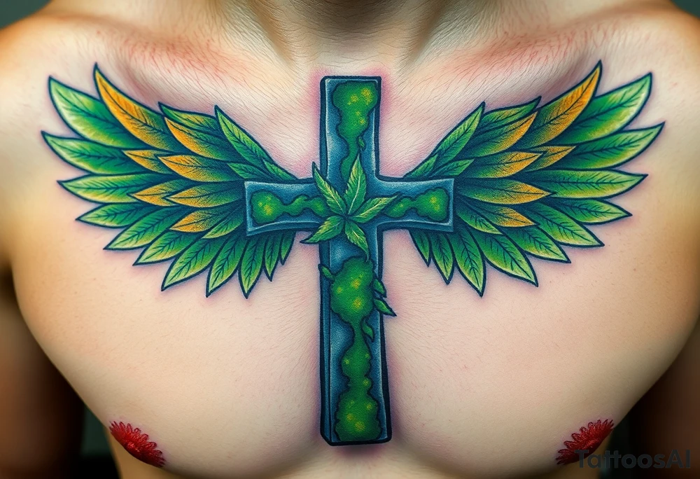 A moss-covered stone cross, with soft green and gold wings resembling leaves in autumn tattoo idea