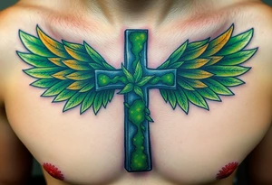 A moss-covered stone cross, with soft green and gold wings resembling leaves in autumn tattoo idea