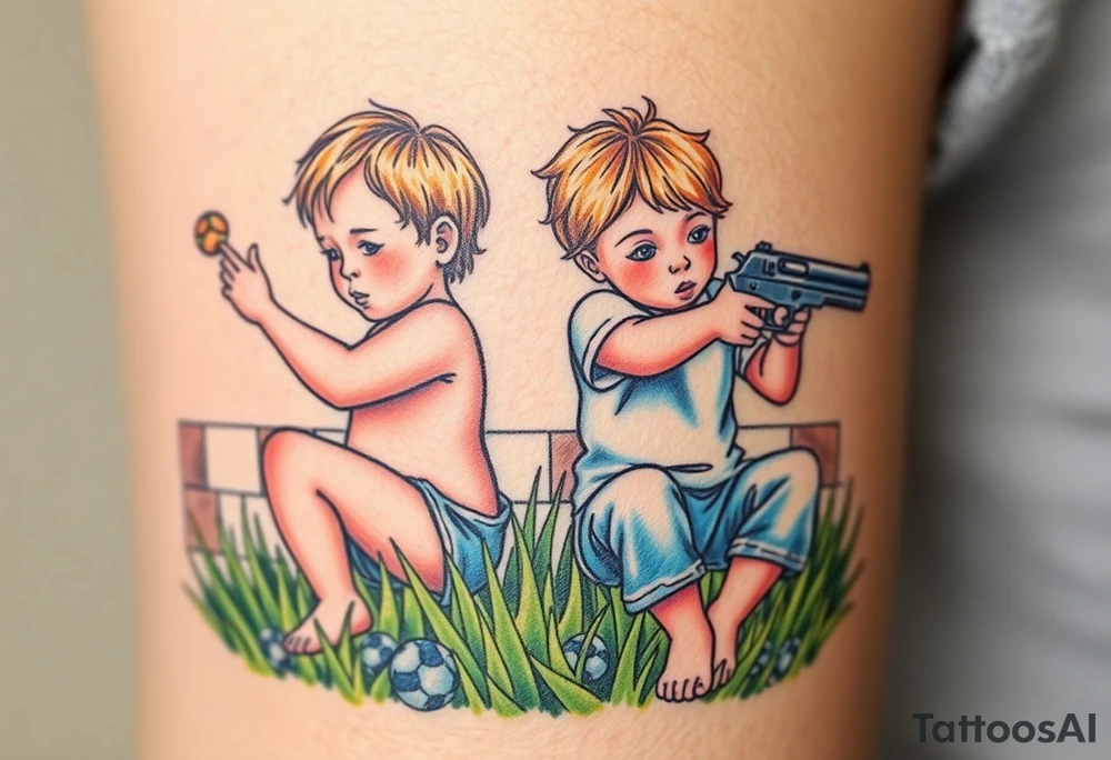 Due bambini, in stile realistico, colorato, seduti sull'erba, divisi da un muro di mattoni, uno piange mentre gioca tirando in alto una palla, l'altro ride mentre si spara in bocca con una pistola tattoo idea