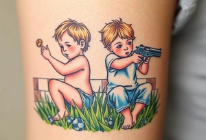 Due bambini, in stile realistico, colorato, seduti sull'erba, divisi da un muro di mattoni, uno piange mentre gioca tirando in alto una palla, l'altro ride mentre si spara in bocca con una pistola tattoo idea