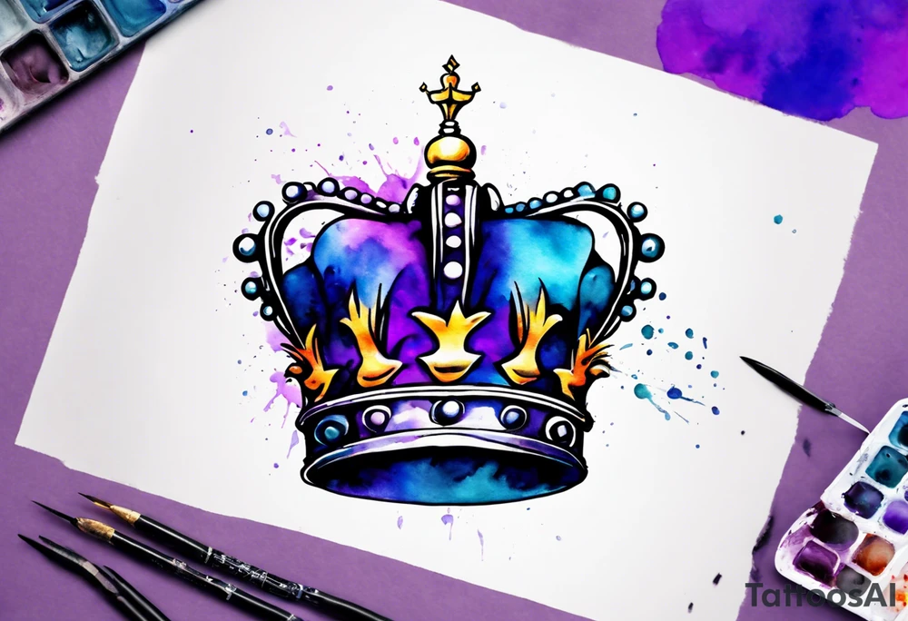 A black crown of a king on a water color background of purple and blue. Make it look realistic tattoo idea