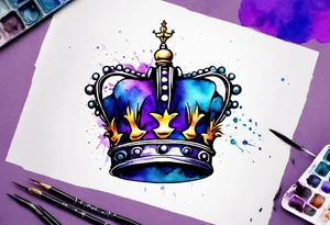 A black crown of a king on a water color background of purple and blue. Make it look realistic tattoo idea