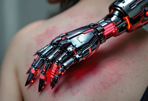 A chrome-plated robotic hand clutching a gleaming silver scythe with glowing red circuitry running up its fingers. tattoo idea