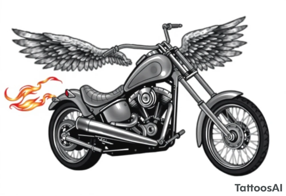 Low rider grey motorcycle, big muffler pipes with flames, angel wings, driving away, no person tattoo idea