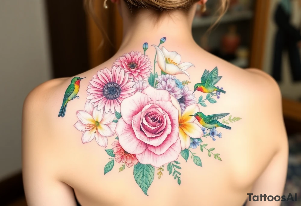 Bouquet of flowers With pastel carnation, Aster, rose, Lily, two Larkspur,  narciussus, And two little hummingbirds. tattoo idea