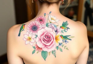 Bouquet of flowers With pastel carnation, Aster, rose, Lily, two Larkspur,  narciussus, And two little hummingbirds. tattoo idea