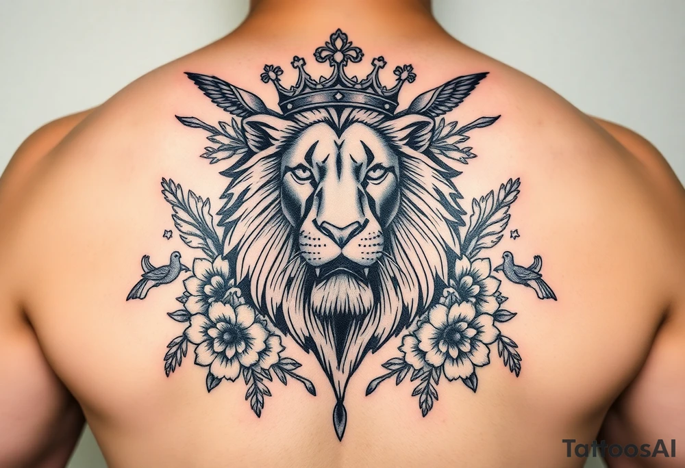 powerful majestic lion with a crown, surrounded by floral ornaments and birds tattoo idea