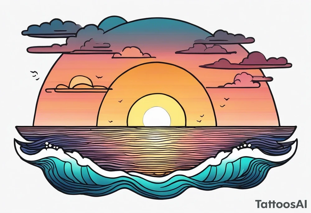 You're adding way too much. hand drawn minimal sunset. Only Ocean and sunset in the image. Very calm waters with barely any waves. tattoo idea