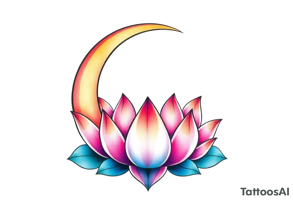 small colorful crescent moon with lotus flower tattoo idea