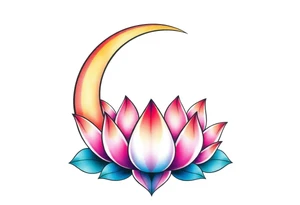 small colorful crescent moon with lotus flower tattoo idea