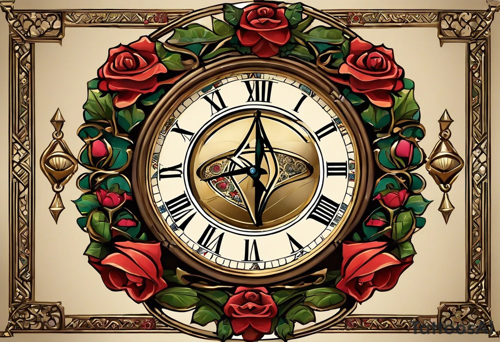 "I want a design featuring a detailed hourglass with a hand clock in the center, where the numbers on the clock are Amazigh numerals. The hourglass and clock should be intertwined with thorny roses, their vines wrapping around the glass. Additionally, planets and stars should orbit around the hourglass, blending both natural and cosmic elements. The roses' thorns should appear sharp and intricate, while the planets give a sense of movement and wonder. The design should be symbolic, representing the flow of time, the universe, and nature, all in harmony." tattoo idea