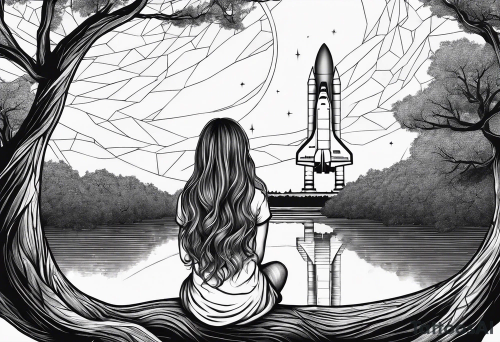 back of small girl in dress with long hair sitting on a tree branch watching a space shuttle launch in the distance tattoo idea