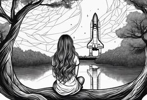 back of small girl in dress with long hair sitting on a tree branch watching a space shuttle launch in the distance tattoo idea