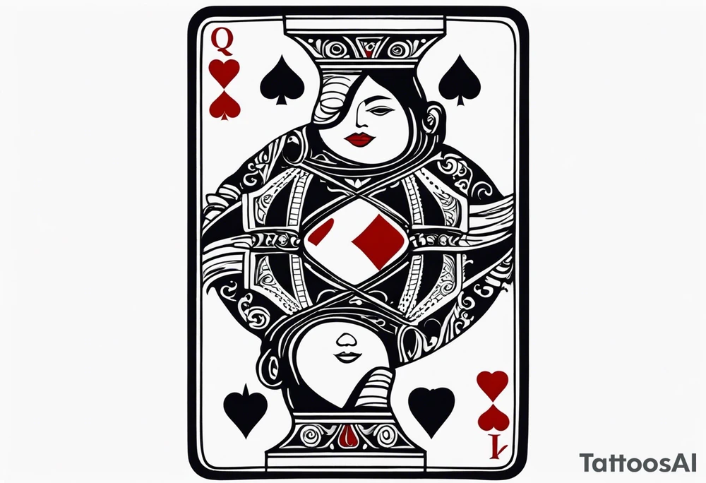one playing card with both queen of hearts and king of spades incorporated in extreme minimalistic style tattoo idea