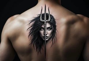 american indian woman face with black hair behind trident tattoo idea