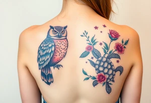 Full back owl on left shoulder flowers on right 3 turtles down spine use rose and vine overlay
 to fill the empty areas tattoo idea