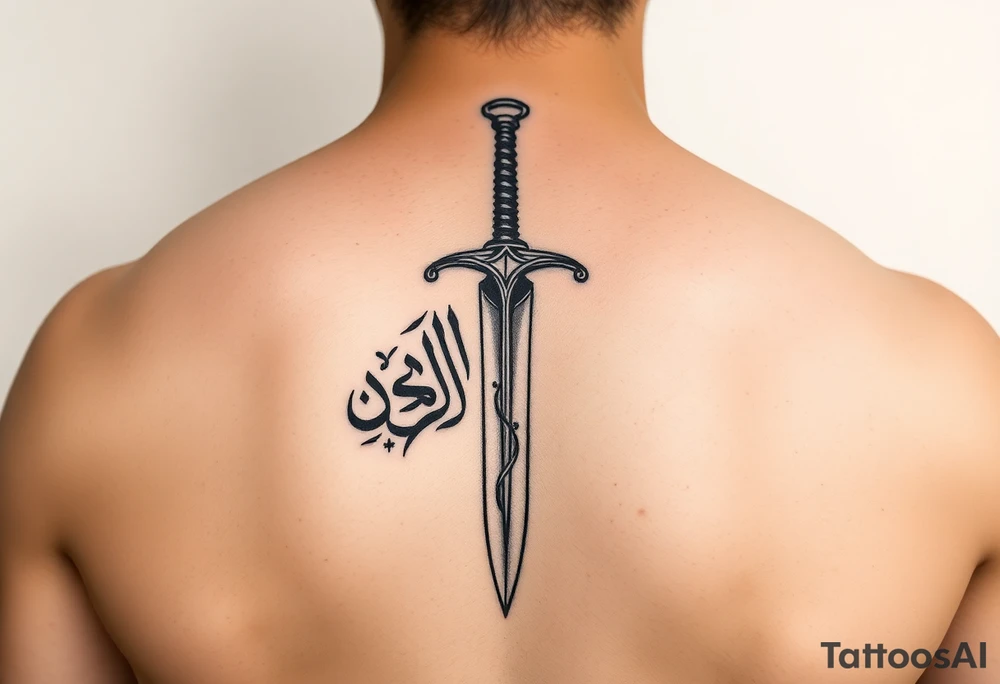 Arabian gothic style tattoo with a sword and looks middle eastern with Arabic writing  with sword going all the way down the back maybe a french style sword with a lovely french handle tattoo idea