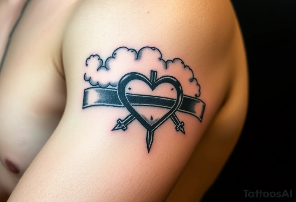 Caution tape with clouds around it, with chrome heart crosses logo African American tattoo idea