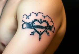 Caution tape with clouds around it, with chrome heart crosses logo African American tattoo idea