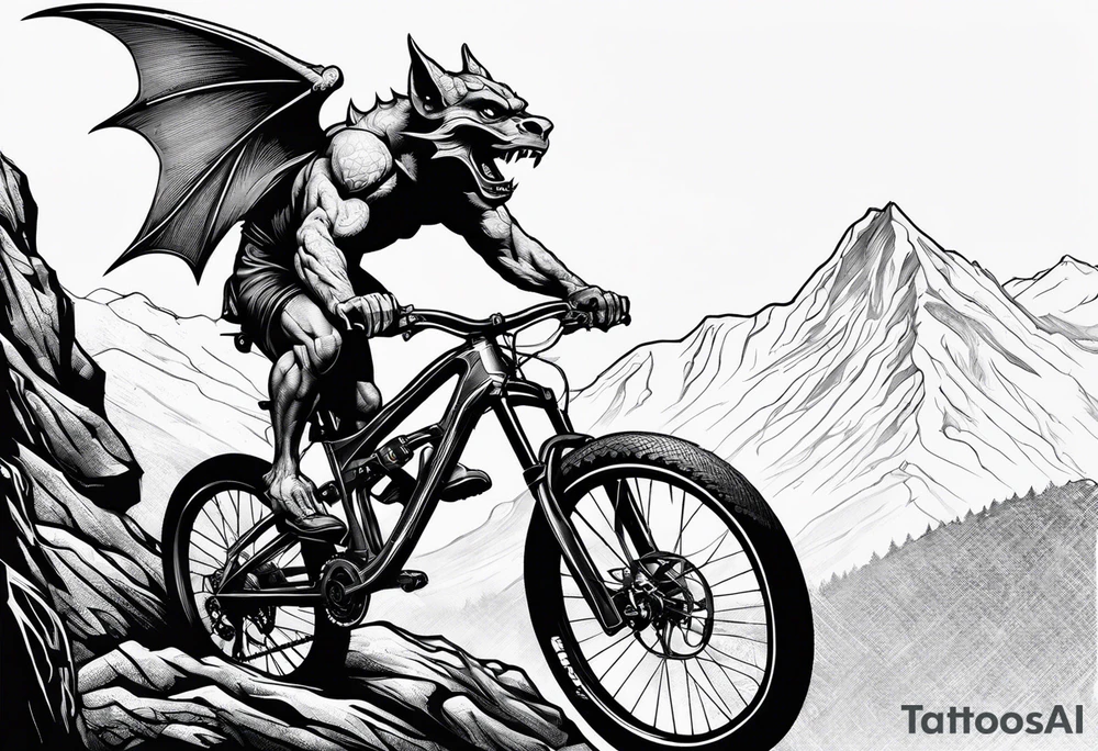 Gothic gargoyle riding a full suspension mountain bike tattoo idea