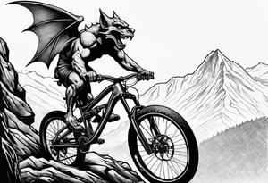 Gothic gargoyle riding a full suspension mountain bike tattoo idea