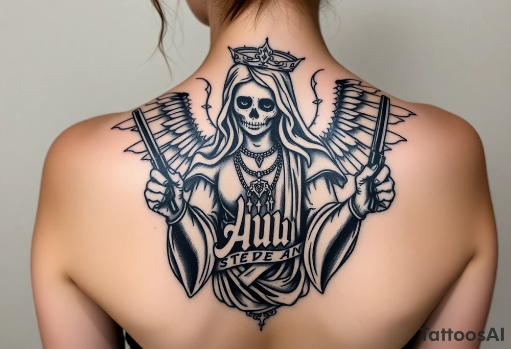 old angel statue (Santa Muerte style) criminal style tattooed and at the same time contemporary, weapons in hand, gangster-style gold necklaces tattoo idea