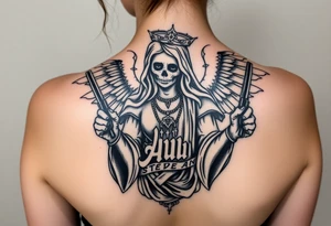 old angel statue (Santa Muerte style) criminal style tattooed and at the same time contemporary, weapons in hand, gangster-style gold necklaces tattoo idea
