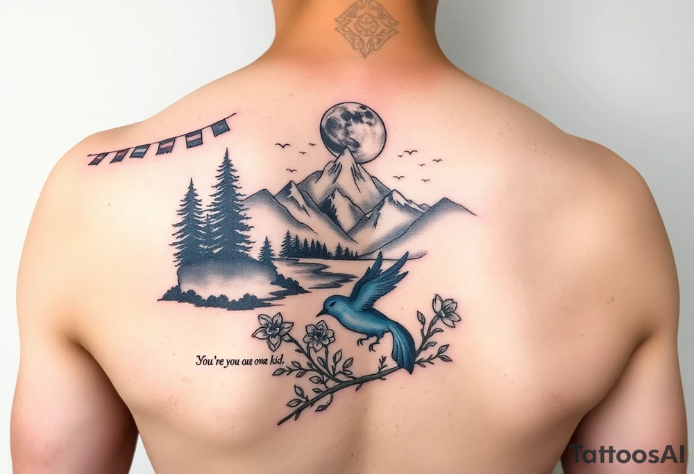 upper arm tattoo with buddhist prayer flags, mountain, river, "you're on your own, kid", little blue bird, daffodil, and full moon tattoo idea