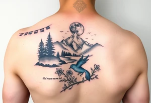 upper arm tattoo with buddhist prayer flags, mountain, river, "you're on your own, kid", little blue bird, daffodil, and full moon tattoo idea