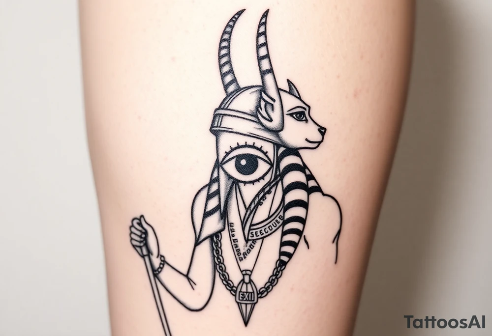 "Anubis as a 1990s L.A. gangster: gold chains, Crip bandana. His staff is a satellite antenna. Floating Eye of Horus is a blockchain audit log.  

Style: Hyper-detailed blackwork. Thigh/calf placement." tattoo idea