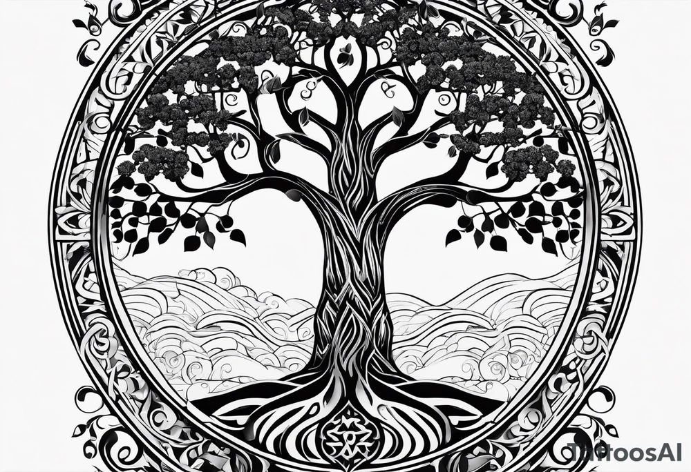 create a tree of life fusing with the tree of knowledge. tattoo idea