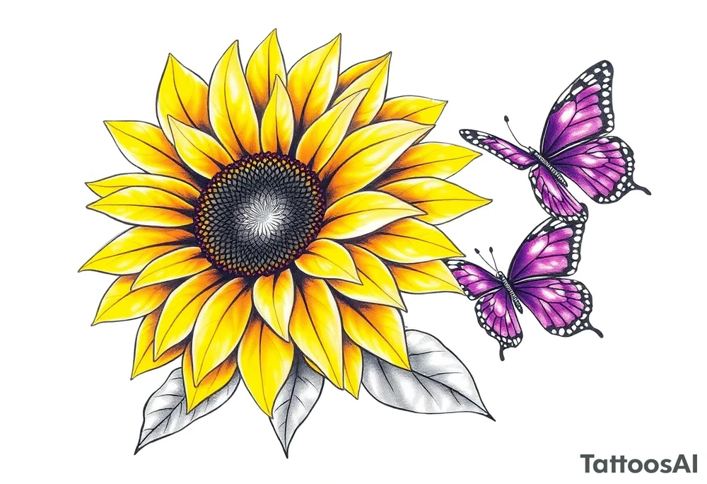 Sunflower with purple butterflies on side tattoo idea