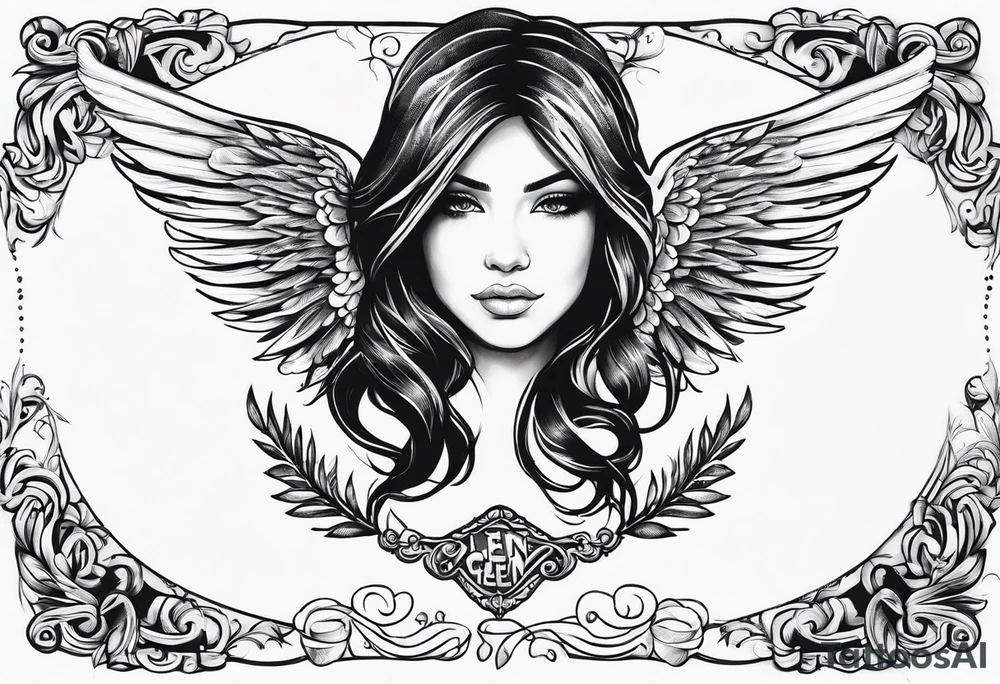 The word Glenn on a banner with angel Wings tattoo idea