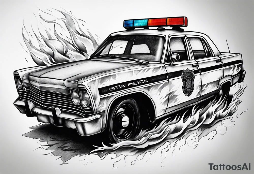 destroyed police car on fire tattoo idea