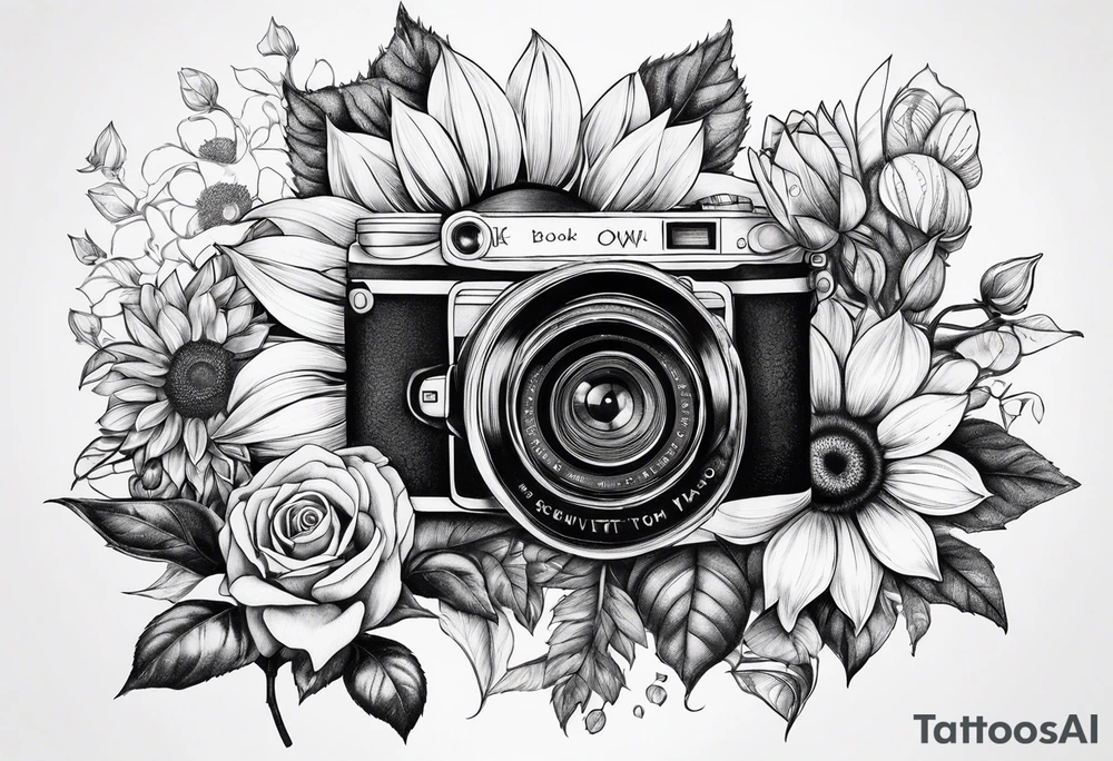 Sunflower, camera, book, owl, flower rose tattoo idea