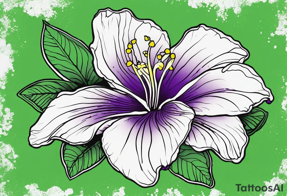 An outline of a rio dipladenia flower with a splatter green and purple background tattoo idea