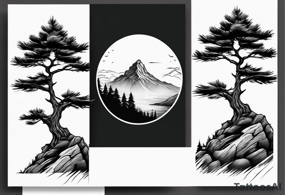 red pine tree on the edge of a cliff tattoo idea