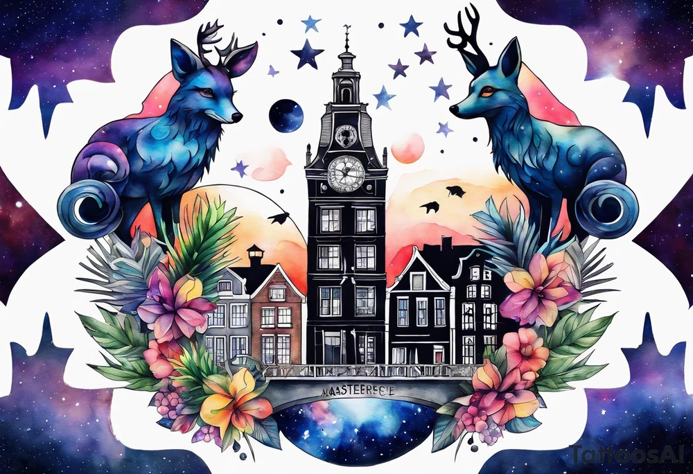 Arm tattoo, Animals, birds, stag, fox, watercolour of animals made from glass in Amsterdam featuring Amsterdam buildings and Amsterdam canal in galaxy colours featuring pineapples as space colours, galaxy colours, night sky, pineapples tattoo idea